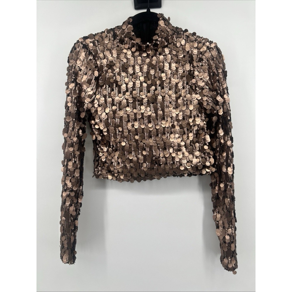 DKNY NWT Sequin Crop Top Size S Metallic Shimmer Long Sleeve Statement Blouse
